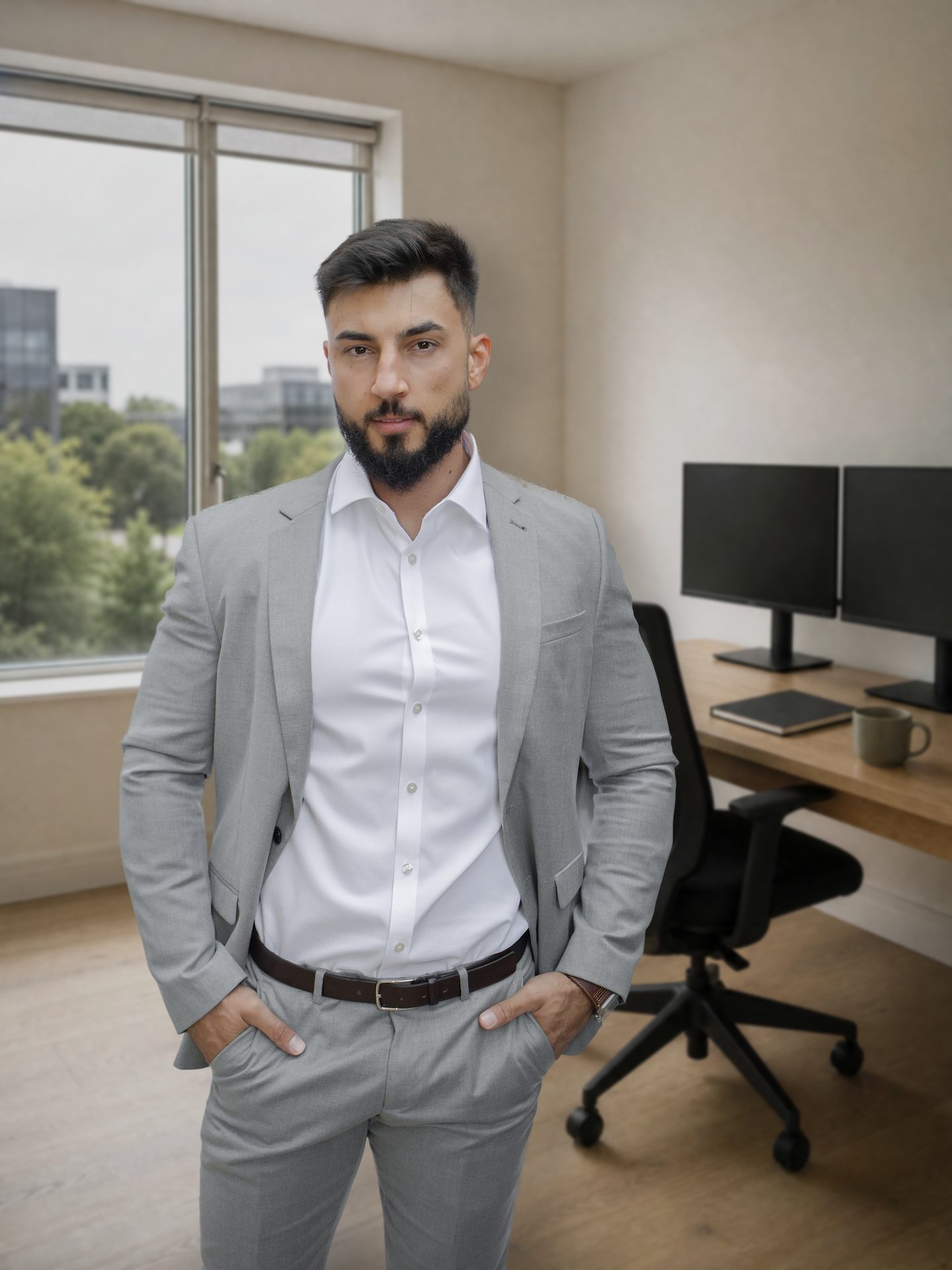 Eduard Vlase in a light grey suit and white shirt, standing in an office beside a window
