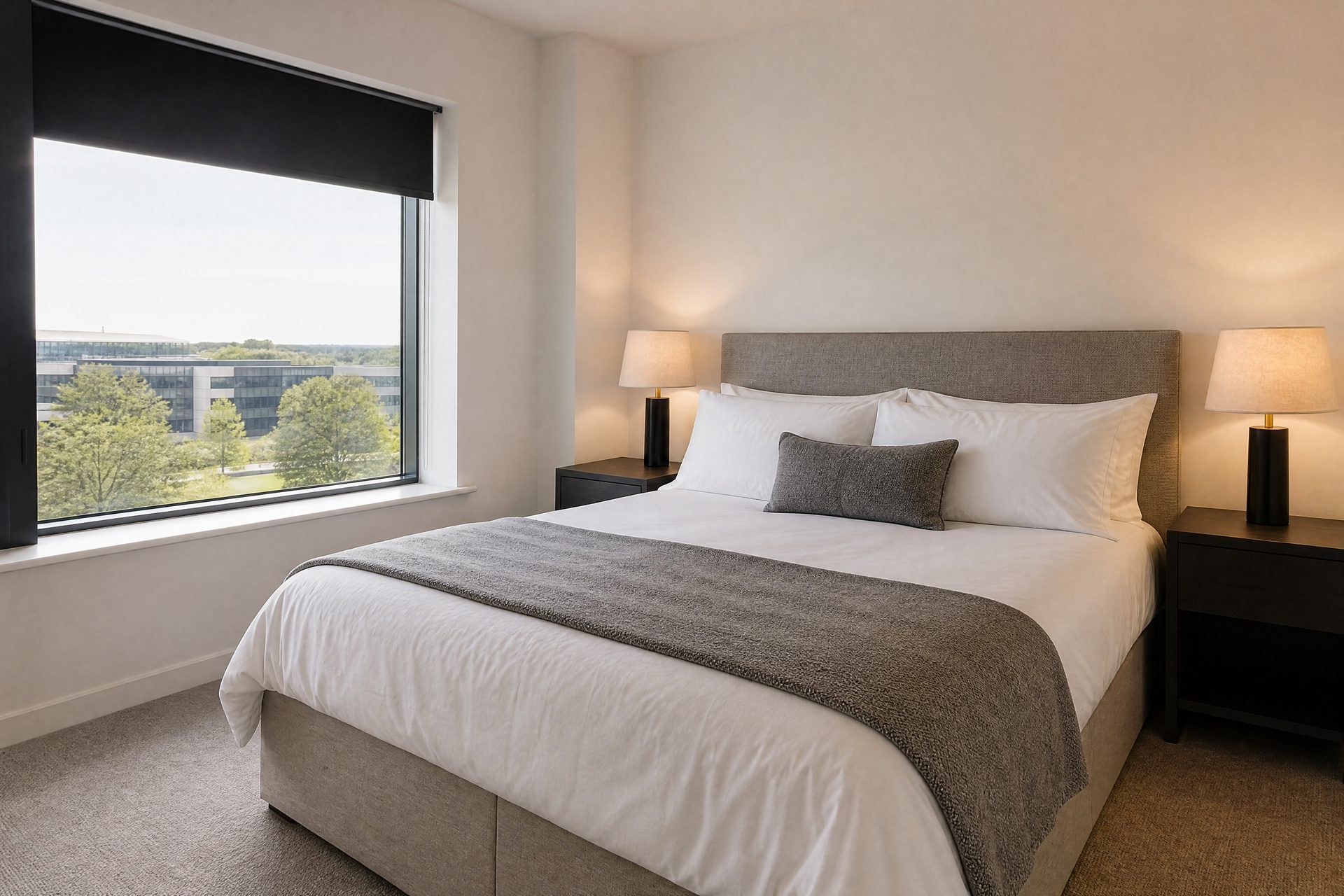 A made-up double bed with white linen and a grey throw, bedside lamps lit and a window on the left