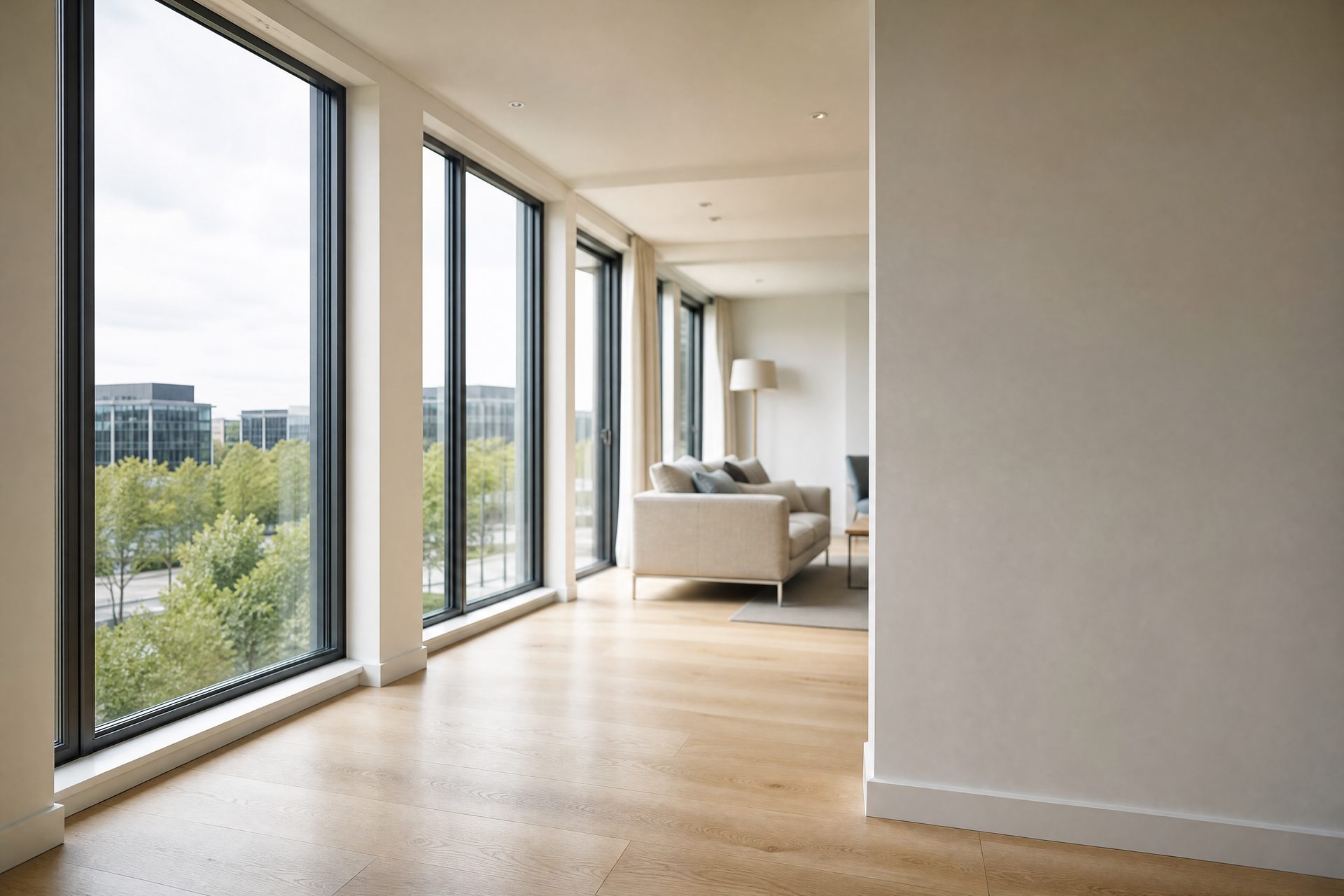 A bright living room with tall windows looking out onto trees