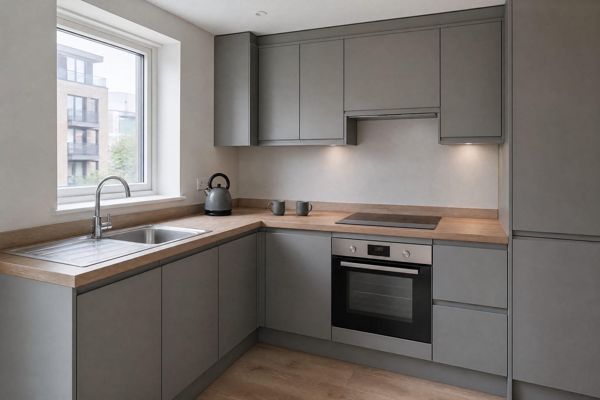 A clean, compact kitchen with grey units, an oak worktop and a kettle by the window