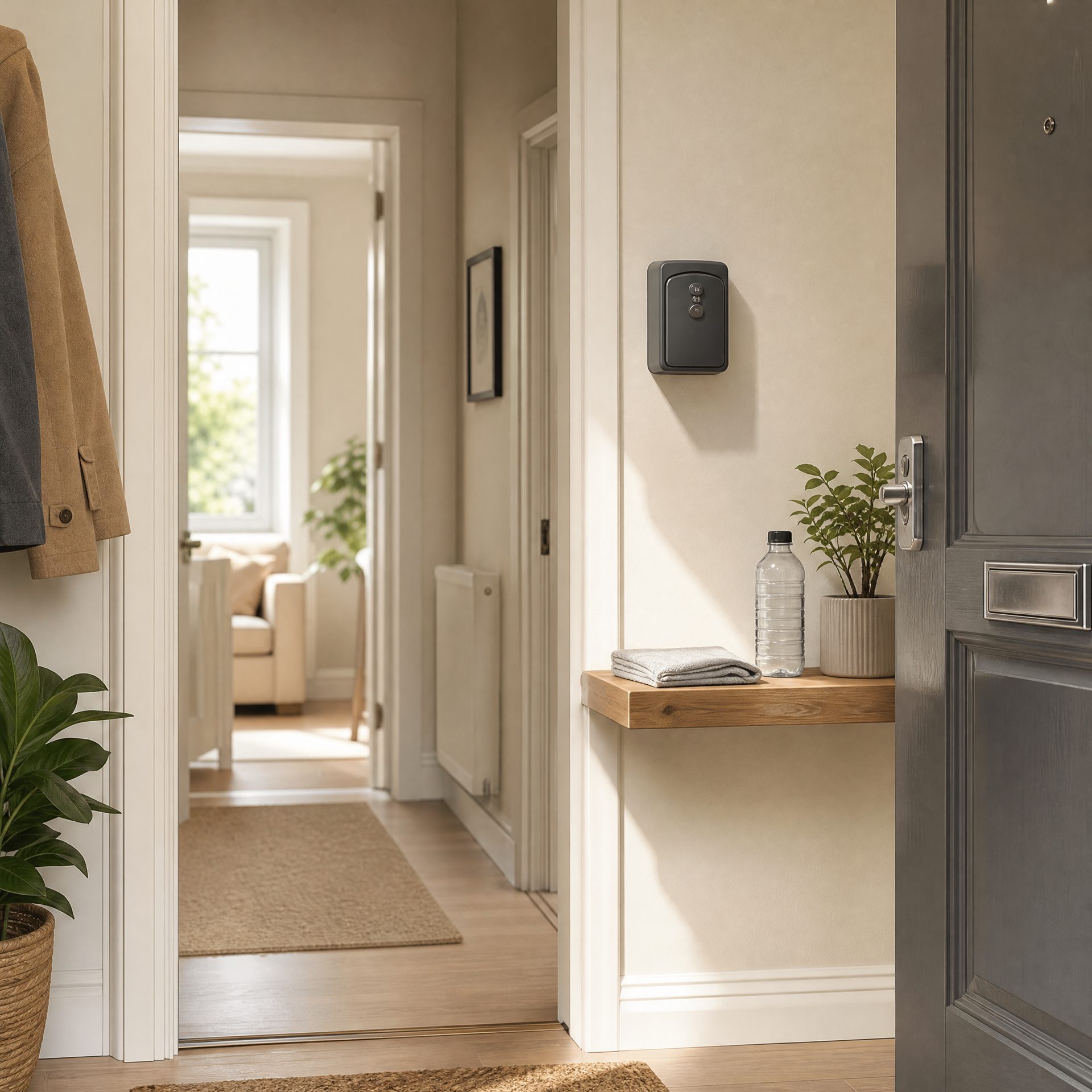 An apartment entrance hall with a key safe on the wall and a small welcome shelf