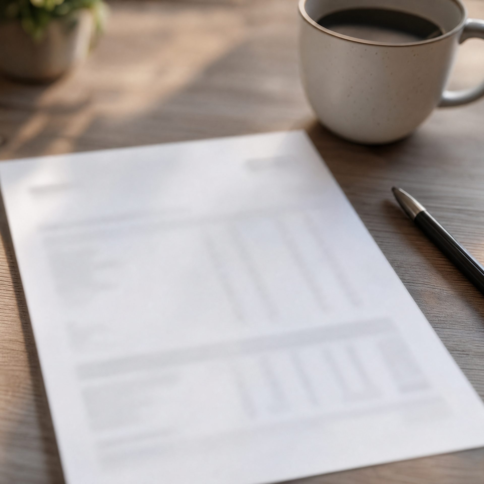 A printed statement on a desk beside a cup of coffee and a pen